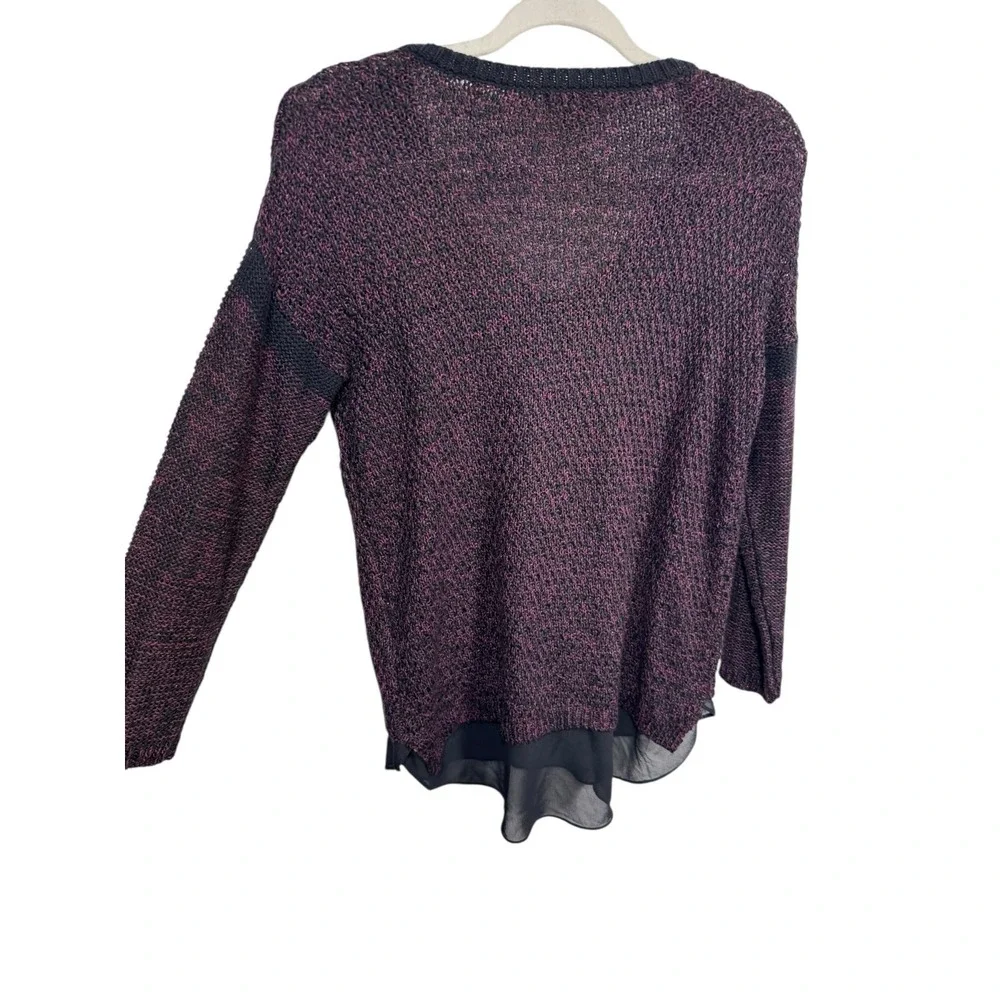 Metaphor Womens V Neck Speckled Knit Chiffon Hem Sweater Top Purple Black Size S - Picture 3 of 6
